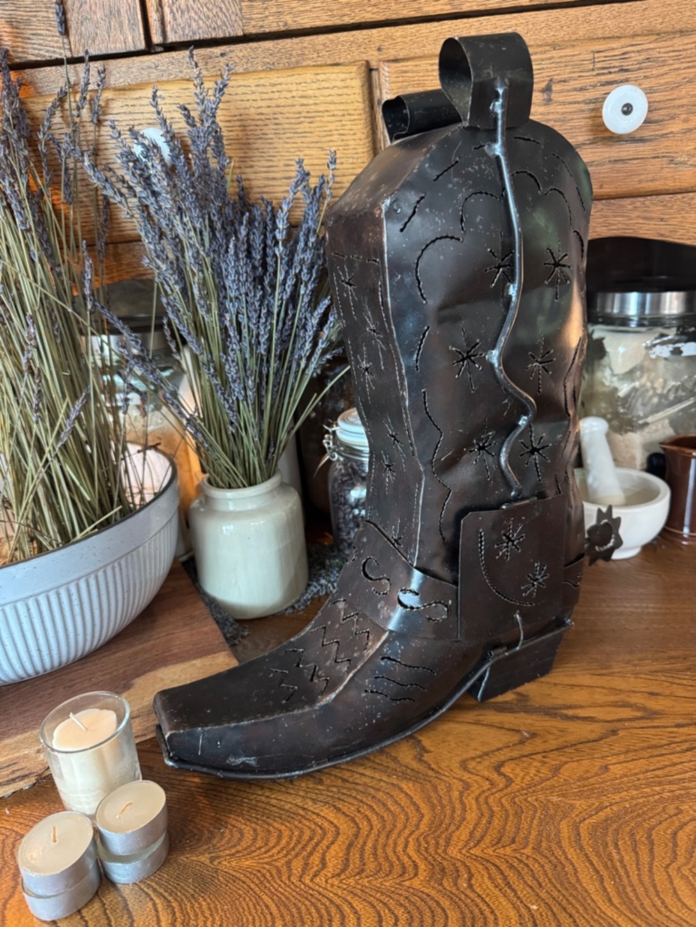KARL VIDSTRAND Metal Southwest Cowboy Candle Holder Boot Decor w/candles &votive - Picture 2 of 13